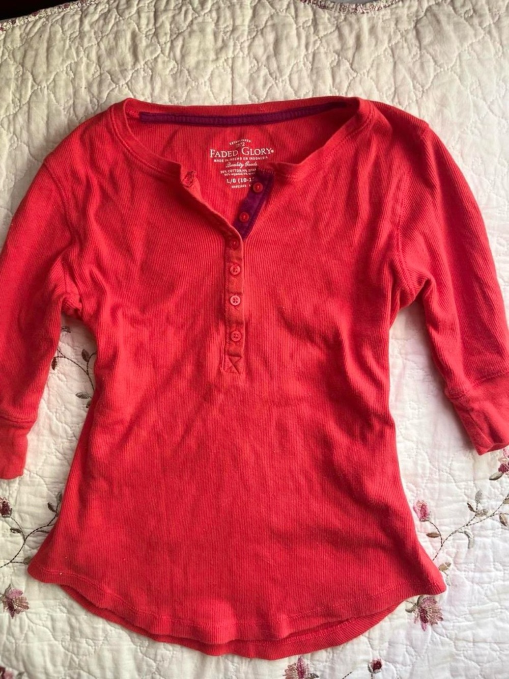 Faded Glory Red Waffle 3/4 Sleeve Henley Top - Picture 7 of 8